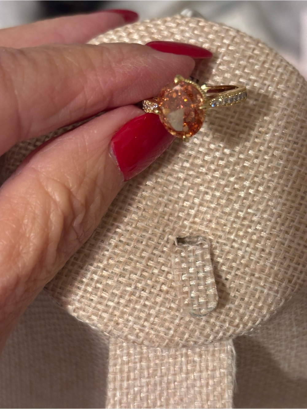 Gold Ring with pink Oval Gem and Pavé Accents